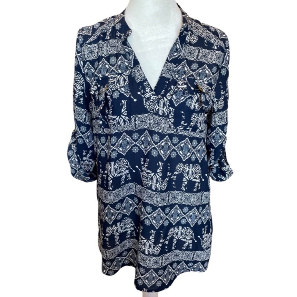 Rue21 blue and white elephant print blouse with gold hardware S